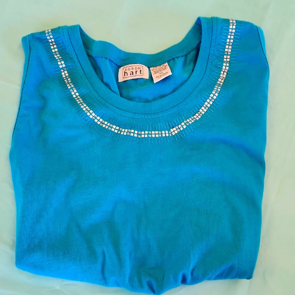 KEREN hart Blue Short Sleeve Tee with Embellished Neckline